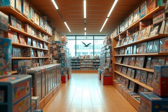 Interior view of Pixel Haven Japan store showing displays of games and collectibles, bathed in warm light.