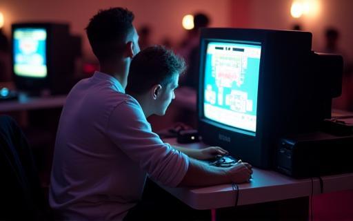 Players enjoying retro video games on old CRT televisions, smiling and engaged.
