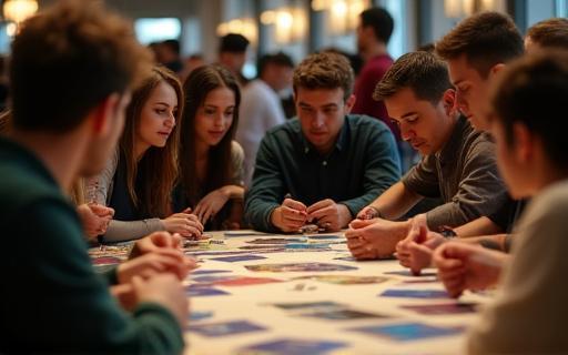 Group of people gathered around a table playing a trading card game energetically.