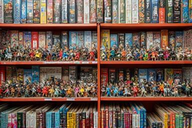 Shelf displaying a vibrant selection of authentic anime figures and manga books.