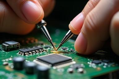 Close-up shot of a hand holding a soldering iron near a game console motherboard, indicating repair work.