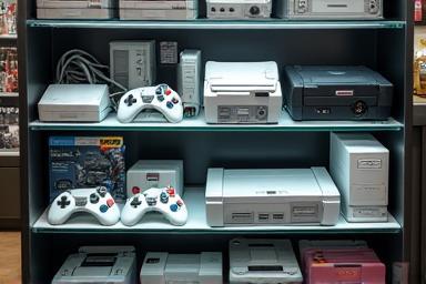 Display case filled with various gaming consoles and controllers from different eras.