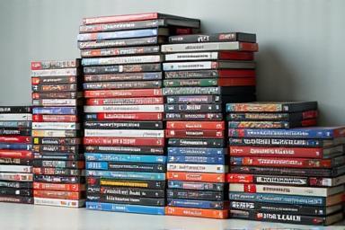 Stack of video game cases for various consoles, including modern and retro titles.