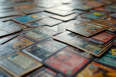 Close-up photo of diverse trading cards spread out on a table, including Pokémon, Yu-Gi-Oh, and Magic: The Gathering.